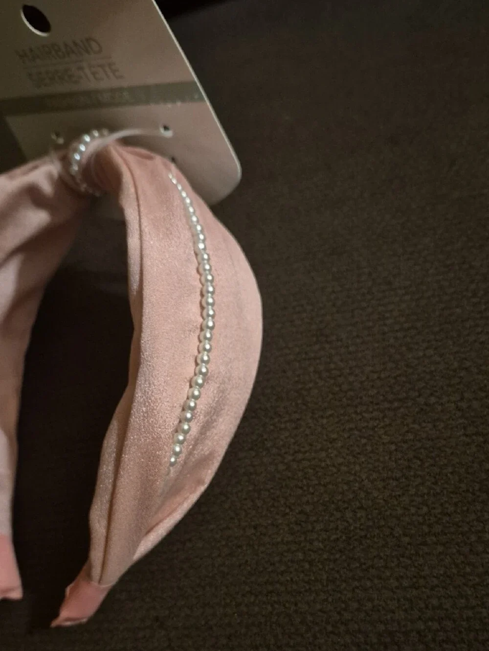 Pink Pearl-Accent Knitted Hairband Serre-Tete